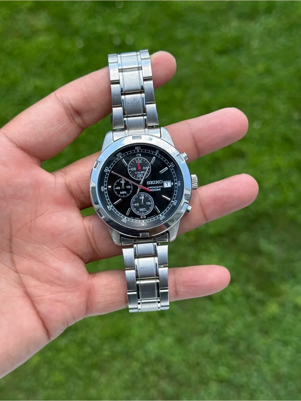 Seiko Black Dial Stainless Steel Chronograph Watch Mens